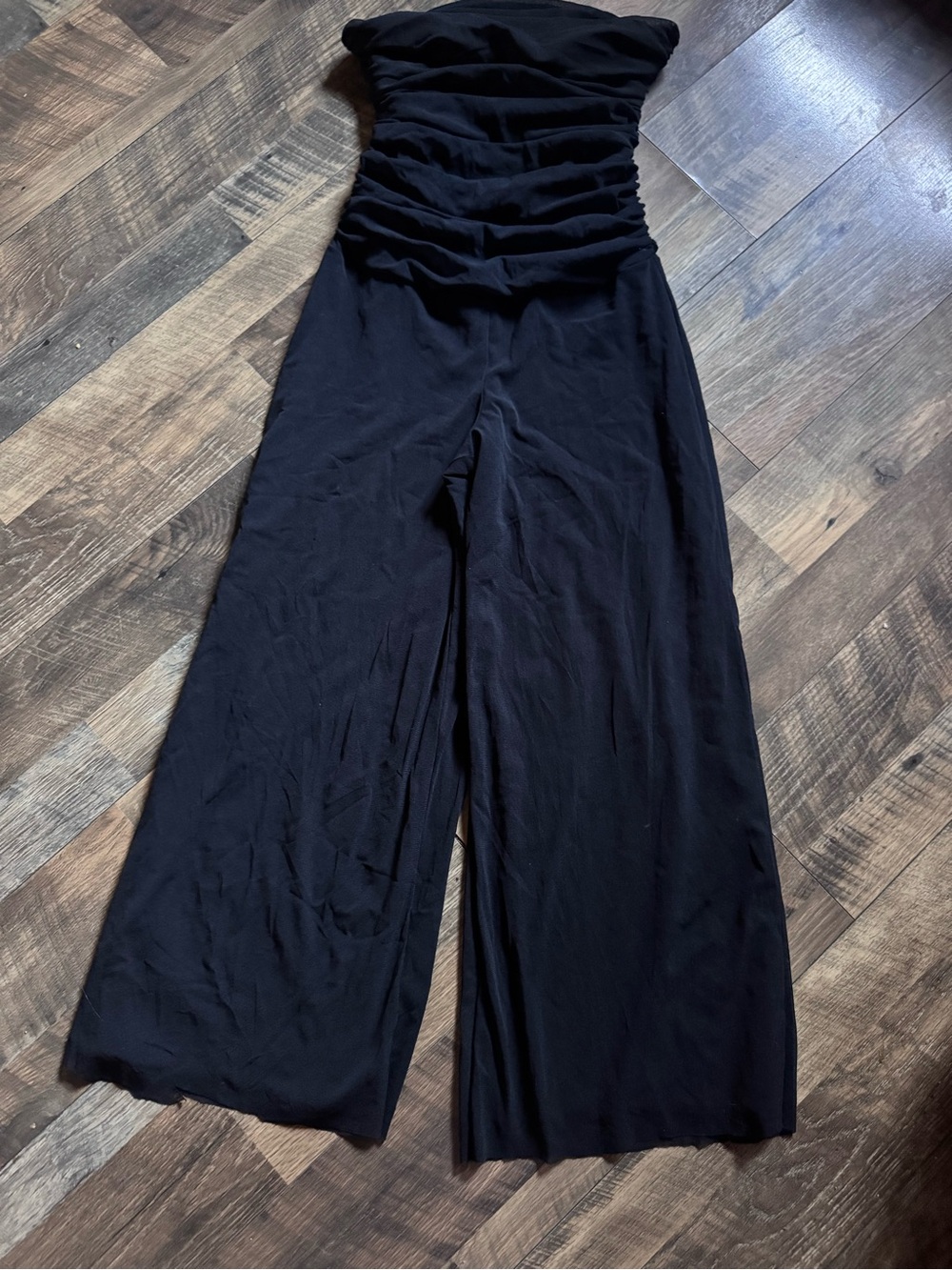 Women’s Black Strapless Mesh Wide-Leg Jumpsuit